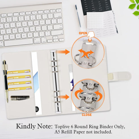 Toplive A5 Notebook Binder 6 Ring Refillable Binder, PU Leather Planner Binder Personal Budget Binder Organizer Cover with Magnetic Closure for A5...