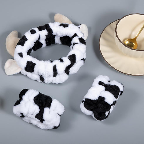 Plush Wash Face Headband Cow Print Spa Wrist Band Cuffs Hair Scrunchy Women Girls Facial Makeup Skincare Bath Head Wrap Kids Costume Party Supply ...