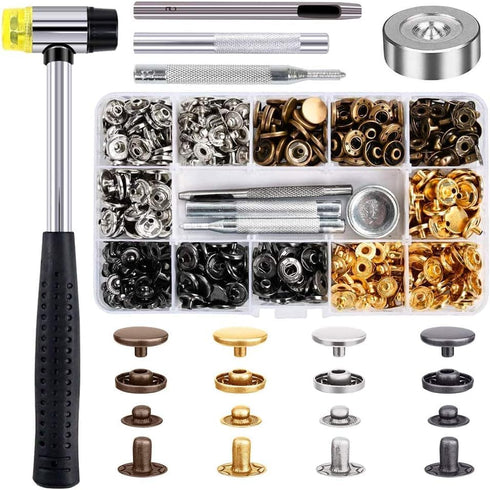 Qfun 120 Set Snap Fasteners Kit for Leather 12mm Metal Button Snaps Press Studs with 4 Setter Tools, 1 hammer, 4 Color Leather Snaps for Clothes, ...