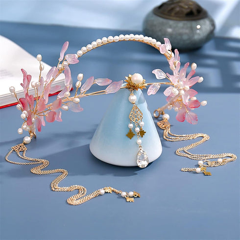 Long Tassel Headbands Hairband Simulated Pearl Leaf Tiaras and Crowns Hanfu Forehead Jewelry for Women Girls Hair Accessories (Metal Color : Style...