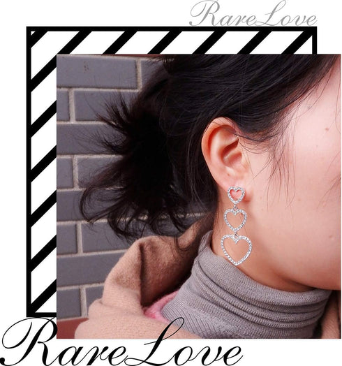 RareLove Bling CZ Crystal Interlocking Three Heart Hollow Dangle Stud Piercing Earrings For Women Silver Plated Alloy Valentines Gift For Her...