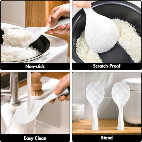 2 Pcs Plastic Rice Paddle,Non Stick Standing Rice Spoon Scooper Spatula,Heat Resistant Rice Cooker Spoon (White)...