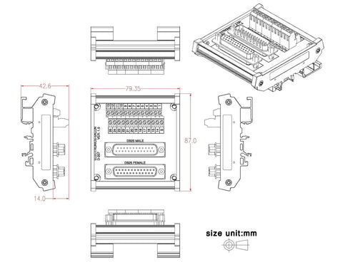 Electronics-Salon DB25 D-SUB DIN Rail Mount Interface Module, Male/Female, DSUB Breakout Board....