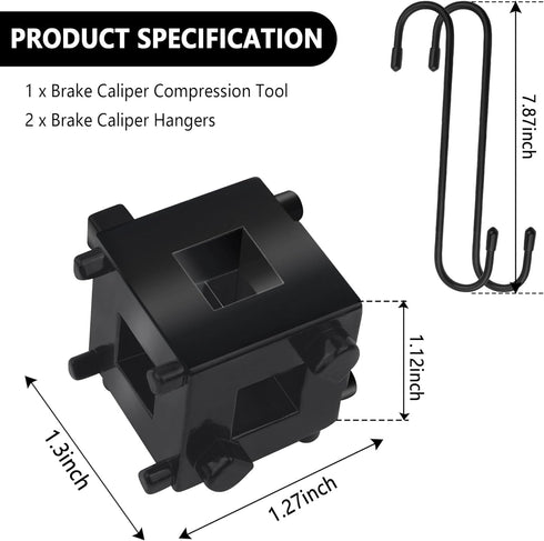 Car Cube Brake Caliper Compression Tool with 2PCS Brake Caliper Hangers,Stainless Steel Brake Caliper Tool Fits 3/8" Square Driver,Universal Car R...