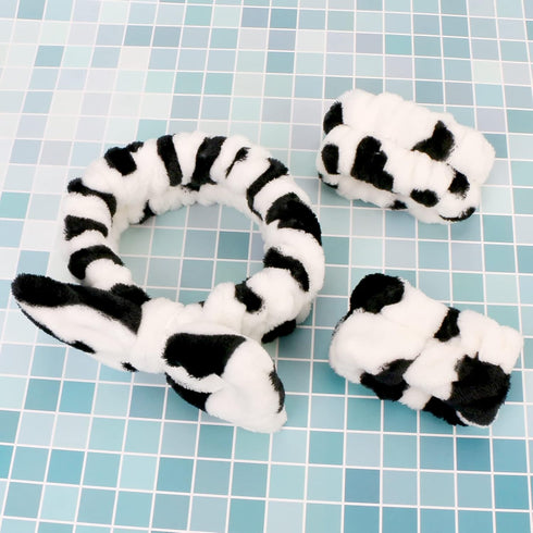 3 Pack Spa Headband and Wrist Washband Face Wash Set,Reusable Soft Makeup Headband Fleece Skincare Headbands for Washing Face Shower (Narrow Cow)...