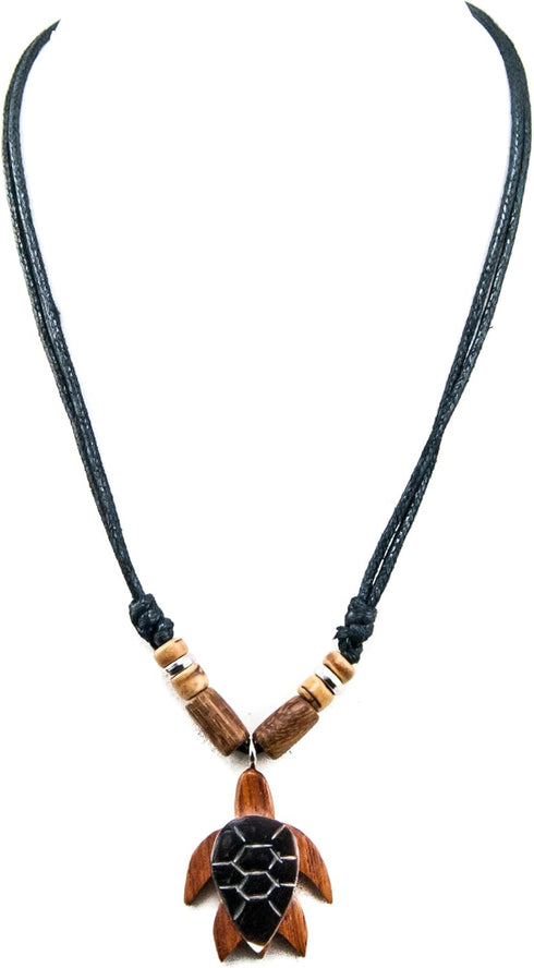 BlueRica Adjustable Cord (black) Necklace with Wood and Shell Turtle Pendant and Wood Bead Accents...