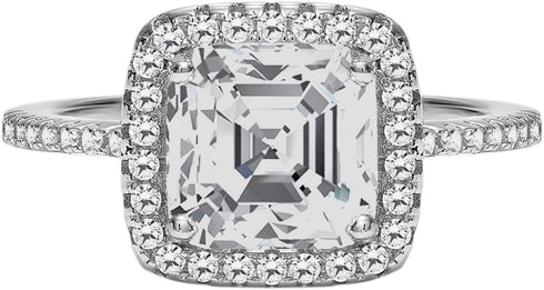 TwoBirch Halo Cushion Asscher Cut Prong Set Engagement Ring in 18k White Gold Plated Sterling Silver and CZ...