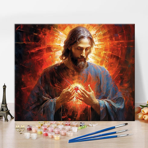 Jesus Paint by Numbers Kit for Adults, Jesus God DIY Paint by Numbers, Oil Paint by Numbers Kit for Beginners, Sacred Heart of the Lord Painting A...