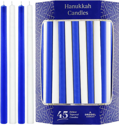 The Dreidel Company Deluxe Tapered Hanukkah Menorah Candles for All 8 Nights of Chanukah (Blue/White)...