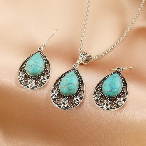 Boho Turquoise Jewelry with Dangle Earrings and Turquoise Necklace for Women Trendy, Handmade Bohemian Western Chunky Necklaces and Statement Earr...