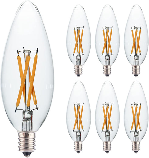 6 PCS C32 Candle Filament LED Bulb, Warm White Light, 4W Equals 40W, E12 Candelabra Base Edison Bulb, Clear Glass Light Bulb for Pendant Chandelie...
