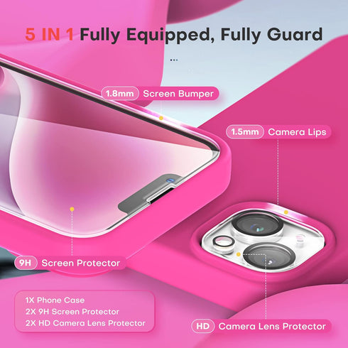 TOCOL 5 in 1 for iPhone 14 Case, with 2 Pack Screen Protector + 2 Pack Camera Lens Protector, Liquid Silicone Phone Case for iPhone 14, Hot Pink.....