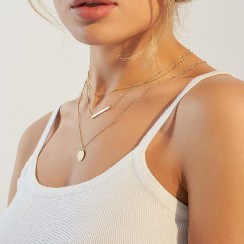 Harlorki Dainty Simple 14K Gold Plated Layered Paperclip Chain Choker Bar Round Disk Pendant Necklace Fashion Jewelry Gift for Women Lady...