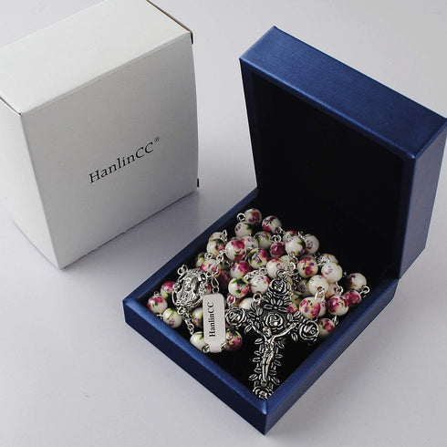 HanlinCC 8mm Round Ceramic Beads with Flower Painting Catholic Rosary Necklace with Maria Center piece and Flower Cross with Leather Gift Box...