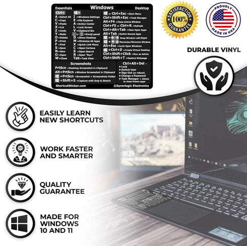 Synerlogic Windows PC Reference Keyboard Shortcut Sticker | Vinyl, No-Residue Adhesive Windows Shortcut Sticker for PC Laptop or Desktop | Shortcu...