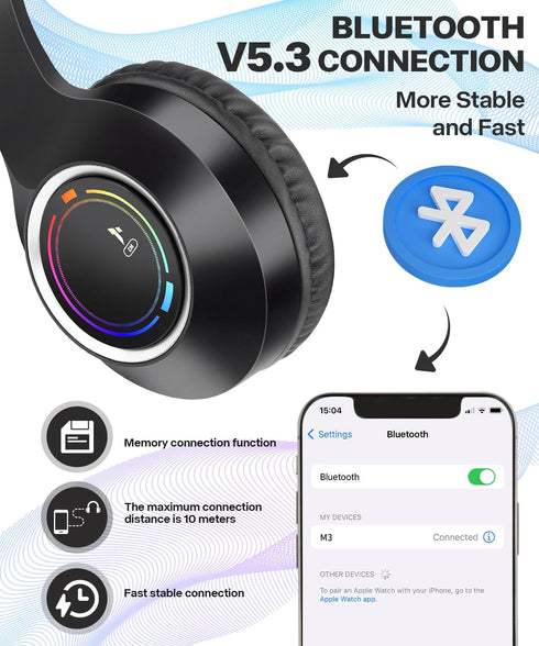 Kids Bluetooth Headphones, Wireless Headphones for Kids, Built-in Microphone, LED Lights, Noise Cancelling for Boys Girls Ages 6-18 or Adults (Bla...