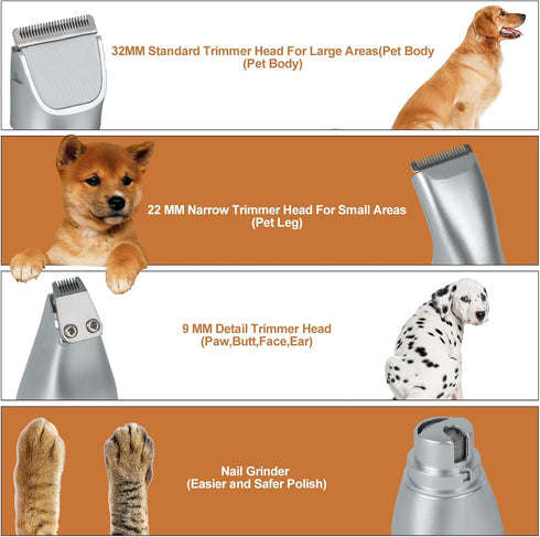 Dog Clippers Grooming Kit Hair Clippers with Nail Grinder Set 4 in 1, Cordless Electric Trimmer- Low Noise Paw Trimmer-USB Rechargeable Quiet Nail...
