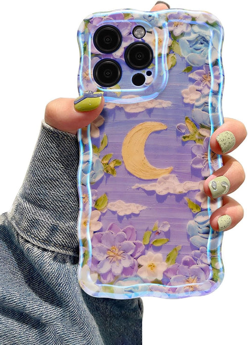 EYZUTAK Case for iPhone 13 Pro Max, Colorful Retro Oil Painting Flower Moon Pattern Laser Cute Curly Wave Edge Exquisite Phone Cover Stylish Durab...