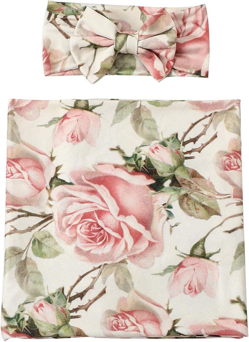 Galabloomer Newborn Receiving Blanket Headband Set Baby Flower Swaddle (vintage flower)...