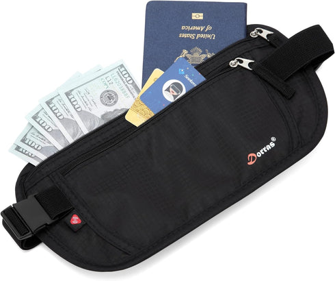 Money Belt - Passport Holder Security Hidden Slim Travel Wallet Fanny Pack with RFID Blocking - Black...