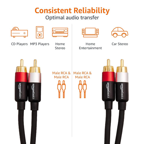 Amazon Basics 2 RCA Audio Cable for Amplifier,Active Speakers or Subwoofer with Gold-Plated Plugs, 15 Feet, Black...
