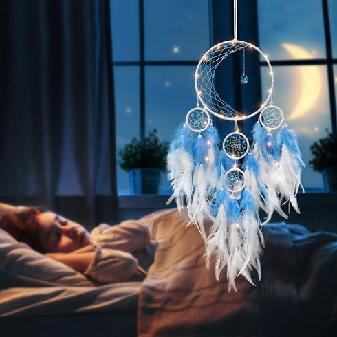 KHOYIME LED Light Up Dream Catcher Half Circle Moon Decor with Lights Handmade Feather Dreamcatchers for Bedroom Bohemian Home Decor Wedding Ornam...