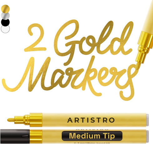 ARTISTRO 2 Gold Acrylic Paint Pens for Rock Ceramic Wood Glass Metal Fabric Plastic - 3mm Metallic Paint Markers Ideal for Scrapbooking DIY Crafts...