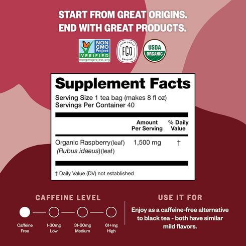 FGO Organic Red Raspberry Leaf Tea Bags, 100 Eco-Conscious Tea Bags, Caffeine Free, Imported from Germany, Reseable Bag, Packaging May Vary (Pack ...
