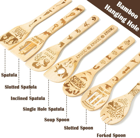 7Pcs Halloween Hocus Pocus Theme Wooden Spoons Slotted Spatula Set, Carve Burned Bamboo Kitchen Cookware Gadget Kit Non-Stick Cooking Utensils Fun...