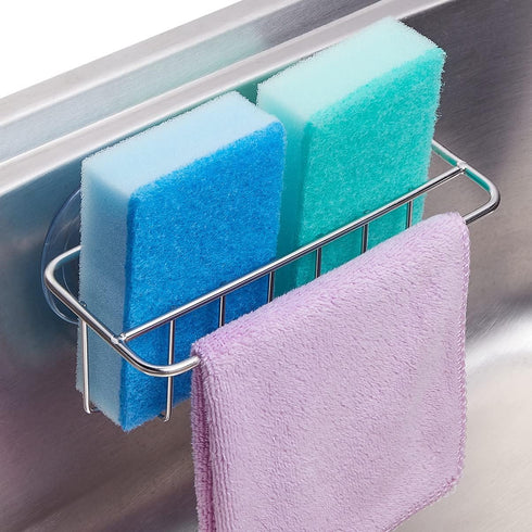 Sink Caddy Sponge Holder for Kitchen Sink Dish Cloth Hanger 2 Suspension Options(Suction Cups and Adhesive Hook), SUS304 Stainless Steel, Silver...