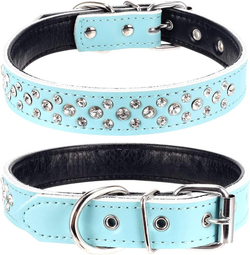 Rhinestones Dog Collar, Adjustable Sparkly Crystal Studded Genuine Leather Pet Dog Collar for Small and Medium Breeds (S fit Neck 11-13", Light Bl...