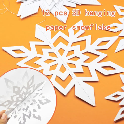 Winter Wonderland Frozen Party Snowflakes Decorations White 12pcs Hanging 3D Paper Snowflakes and Snowflake Garland for Christmas Birthday Party D...