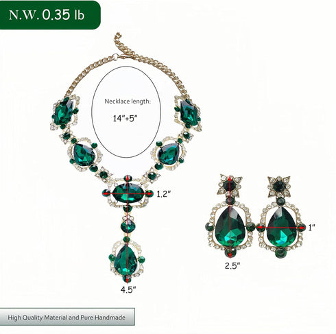 Indian Gold Green Jewelry Sets for Women - Chunky Emerald Dark Green Rhinestone Statement Bib Gold Earrings and Necklace Set Costume Jewelry for W...