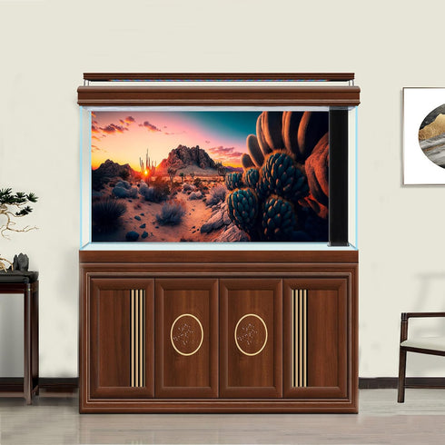Reptile Habitat Background Colorful Sunset Over Desert Landscape Terrarium Background Cactus and Rocks Gobi Desert Plants Aquarium Background Tank...