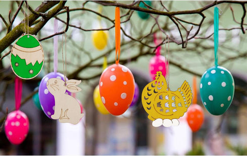 Max Fun 60PCS Wood Cutouts for Crafts Unfinished Ornaments DIY with Bunny to Paint for Kids Party Decorations Decor with Hanging Egg Shapes & Draw...
