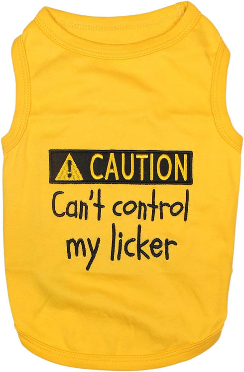 Parisian Pet Dog T-Shirt - Embroidered ' Caution Can’t Control My Licker ' Dog Tee Shirt - 100% Cotton, Dog Clothes - Sleeveless Pet Vest - Yellow...