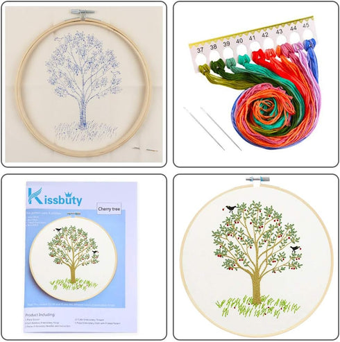 Full Range of Embroidery Starter Kit with Pattern, Kissbuty Cross Stitch Kit Including Embroidery Cloth with Plant Pattern, Bamboo Embroidery Hoop...