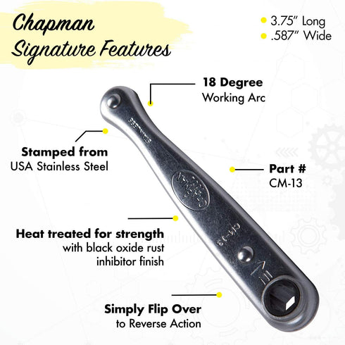 Chapman MFG CM-13 Mini Ratchet, 1/4" Drive, USA Made Stainless Steel Ratchet with 20 Tooth Gear & 18 Degree Working Arc...