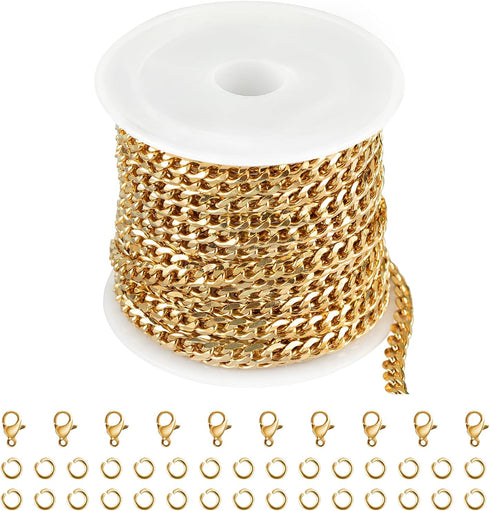 Jabogrii 16.4 Feet Gold Chain for Jewelry Making Stainless Steel Jewelry Making Chains Curb Cuban DIY Necklace Bracelet Flat Chain Findings...