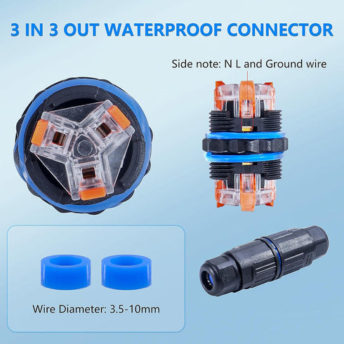 5PCS IP68 Waterproof Electrical Cable Connector, Outdoor 3 Pin Junction Box, Electrical Wire Connector for 3.5-10mm Wire Range(AC 250V, 16A), Quic...