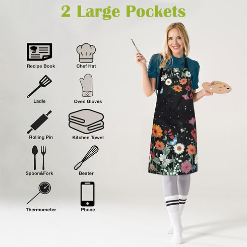 ASPMIZ Floral Apron for Adults, Waterproof Women Apron with 2 Pockets, Flower Cooking Aprons with Adjustable Neck Strap, Kitchen Apron for Washing...