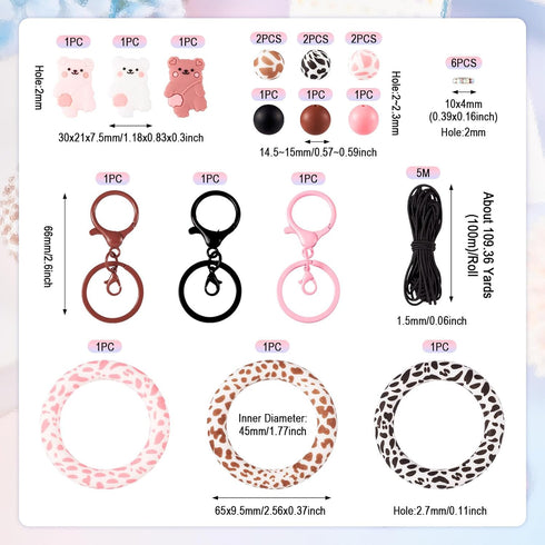 Magibeads 25Pcs Cow Bear Theme Silicone Beads for Keychain Making Kit 15mm Round Focal Beads Big Silicone Loop Rings Rhinestone Spacer Beads for C...