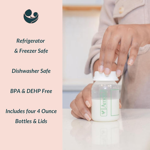 Ameda Breastmilk Storage Bottles with Lock-Tight Cap | 4.4 Ounce Breast Milk Storage Containers for Fridge (4 Count) | Breastmilk Storage Bag Alte...