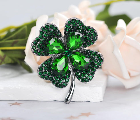 Gyn&Joy Gun Metal Tone Antique Inspired Emerald Green Crystal Rhinestones Four Leaf Clover Brooch Pin...
