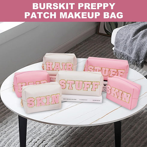 Preppy Patch Skincare Bags Travel Makeup Bag Varsity Letter Cosmetic Toiletry Cute Bag for Teen Girls PU Leather Portable Zipper Pouch Storage Pur...