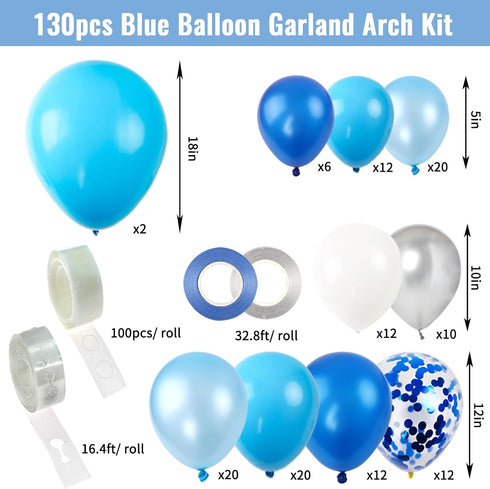 RUBFAC Blue Balloons Garland Arch Kit, Blue and White Balloons, Royal Blue Baby Blue White Sliver Balloon Arch for Baby Shower Birthday Graduation...
