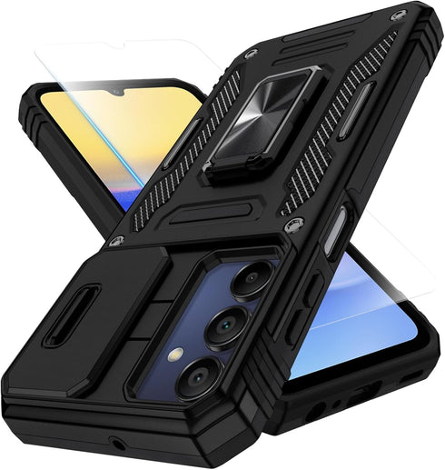 for Samsung Galaxy A15-5G Phone Case with Tempered Glass Screen Protector+Slide Camera Cover, with Magnetic Kickstand Galaxy A15 5G Case, Samsung ...
