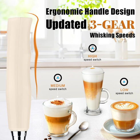 Beige Milk Frother Wand for Coffee, Frother Handheld Rechargeable Electric Whisk with 3 Heads 3 Speeds Drink Mixer Coffee Frother Foam Maker For L...
