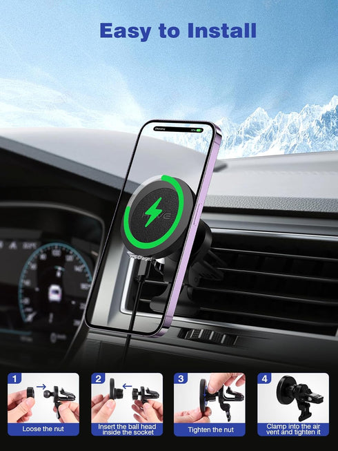 Magnetic Wireless Car Charger, Design for MagSafe Car Mount Charger, Strong Magnetic 15W Fast Charging Car Charger Phone Holder with USB Car Charg...