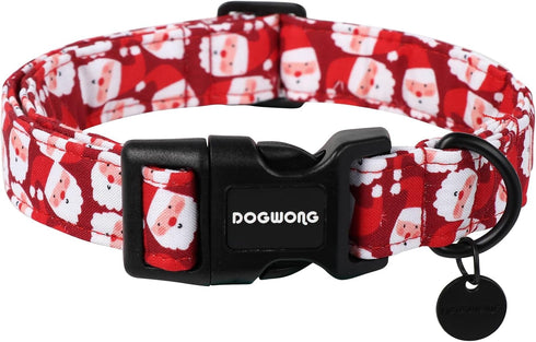 DOGWONG Christmas Cotton Dog Collar, Red Santa Claus Dog Collar Durable Holiday Pet Dog Collar Cute Puppy Necklace for Small Medium Large Dog...